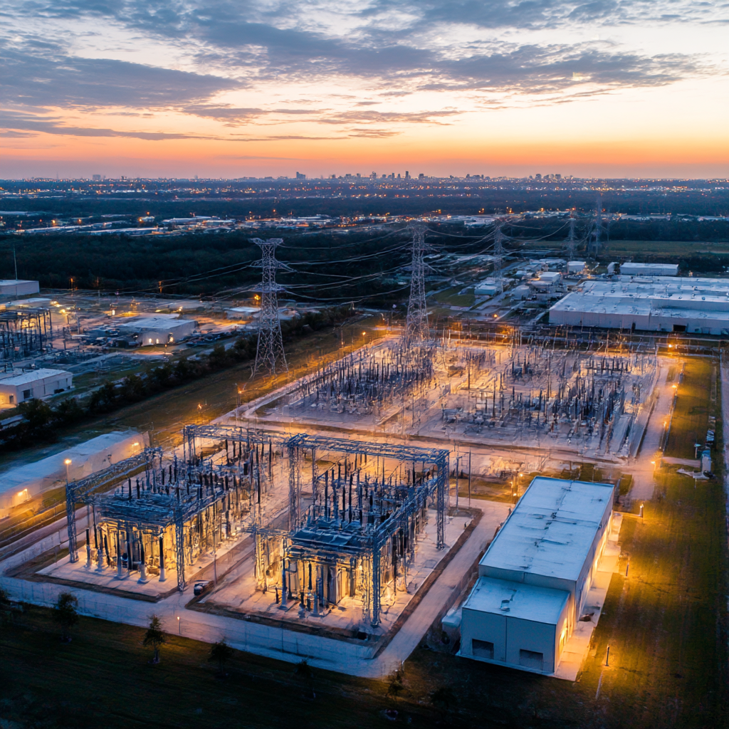 High-voltage substation at night representing power constraints